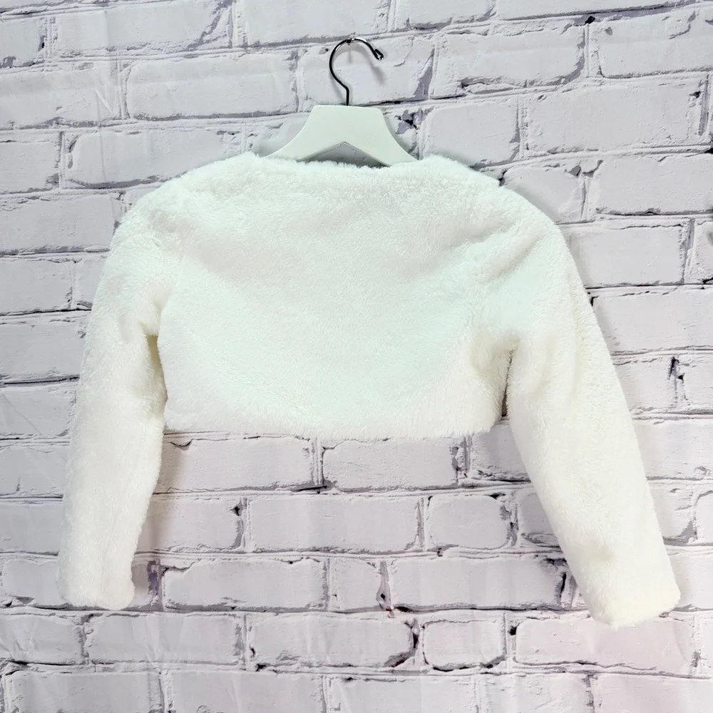 Rare Editions Shrug Girls M 7/8 White Faux Fur Bolero Jacket Formal Coquette